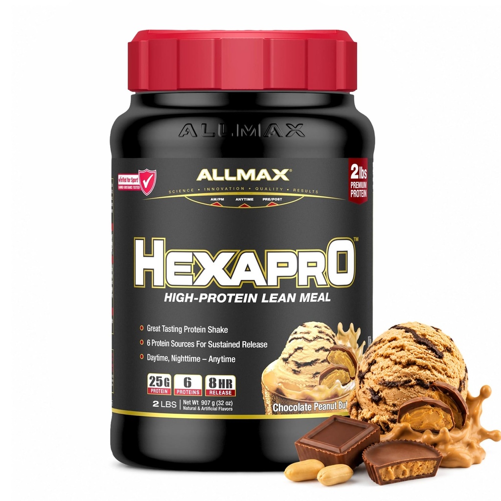 ALLMAX HEXAPRO, 초콜렛 땅콩 버터 - 2 lb - 서빙 당 단백질의 25 그램 - 8 시간 지속 방출 - 제 설탕 - 21 서빙