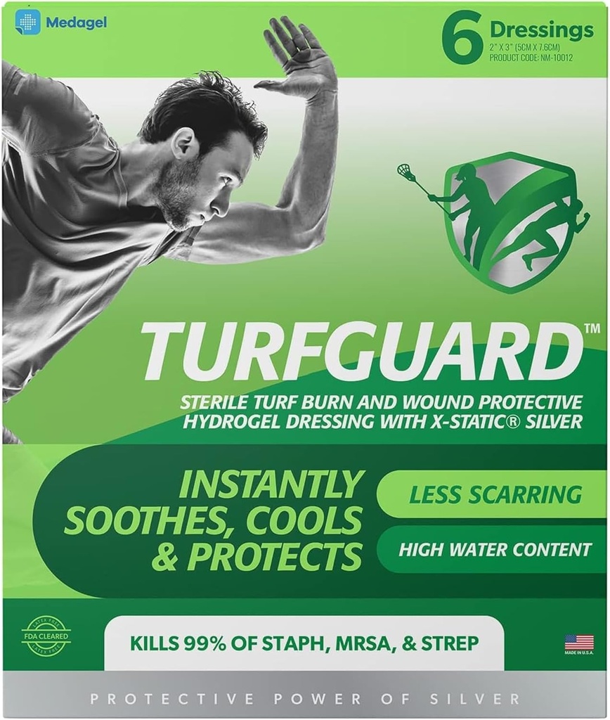 TURFGUARD Hydrogel Turf Burn Dressing with X-Static Silver – 냉각 구호, FDA Cleared, 항균 보호, & 화상 & 부상, 2 "x 3"드레싱, 6 팩, Medagel