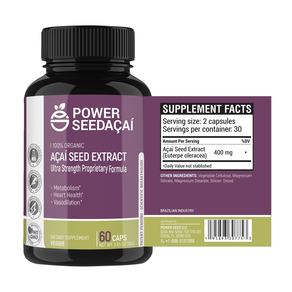 Power Seed Acai - 니트로 산화물 부스터. 혈액 흐름, 혈액 설탕 수준, 대사 기능 및 에너지 지원. 최고 강한 산화 방지제. 카페인 무료. 특허 공식 | 60 캡슐