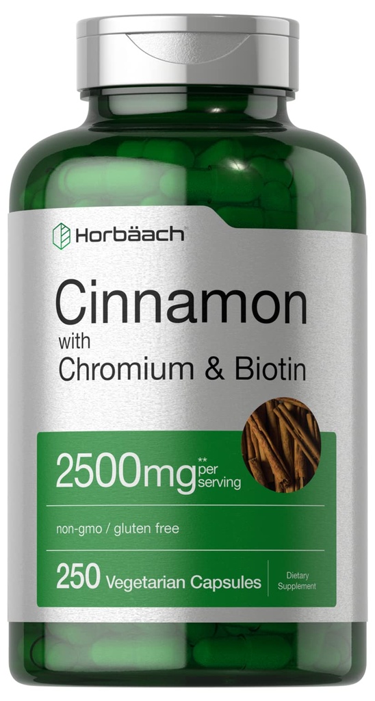 Chromium Picolinate 2500mg의 Horbäach Cinnamon | 250 캡슐 | 플러스 바이오틴 | 채식주의, 비 GMO, 글루텐 프리
