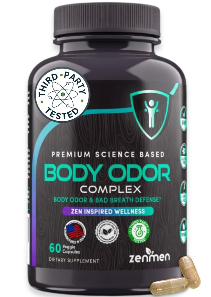 Zenmen Naturally Body Deodorizing 보충교재 - Body Odor Eliminator 알약 - Underarms, Intimate Areas 및 Private Parts에 대한 내부 탈취제 - 60 Vegan 캡슐. 미국에서 만든