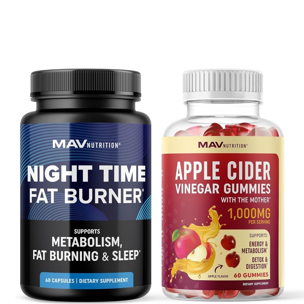 MAV NUTRITION Night Time Fat Burner 캡슐 및 Apple Cider Vinegar Gummies | 멜라토닌 및 ACV와 함께 Stomach Fat Burning 지원을위한 밤 Metabolism 부스터 | 1 개월 공급