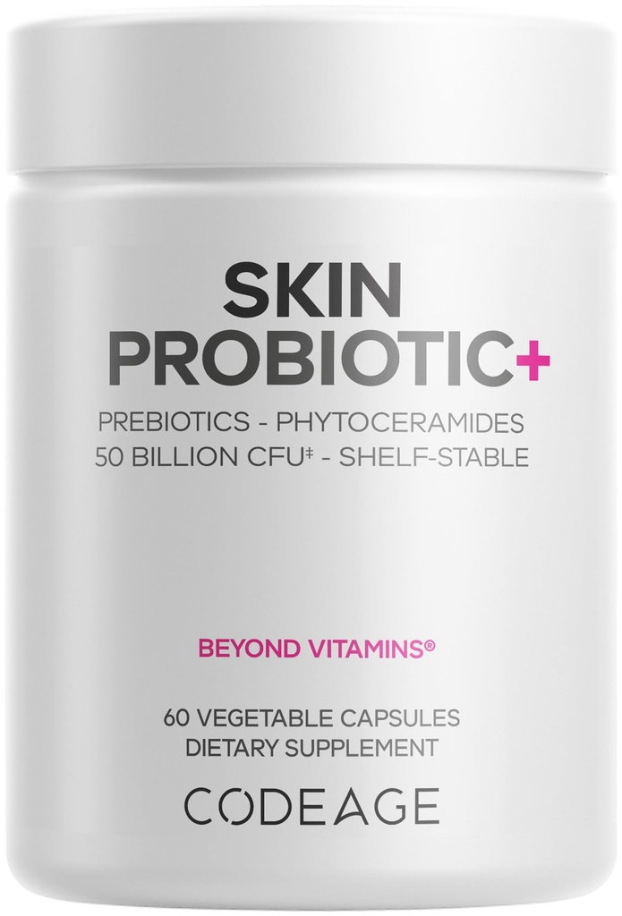 Codeage Skin Probiotics + Prebiotics - 피부 관리 루틴 보충 - 50 억 CFU - Ayurvedic Botanical Herbs - 얼굴 Probiotics - 선반 안정제, 비 GMO, Vegan - 60 캡슐