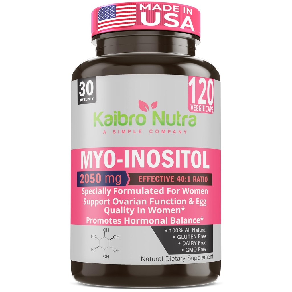Kaibro Nutra Myo-Inositol 보충교재, Myo-Inositol & D-Chiro Inositol 40:1 비율, 비타민 B8, 2050mg, 비 GMO 캡슐 120 조사를 가진 여자를 위한 호르몬 균형 & Ovarian 지원