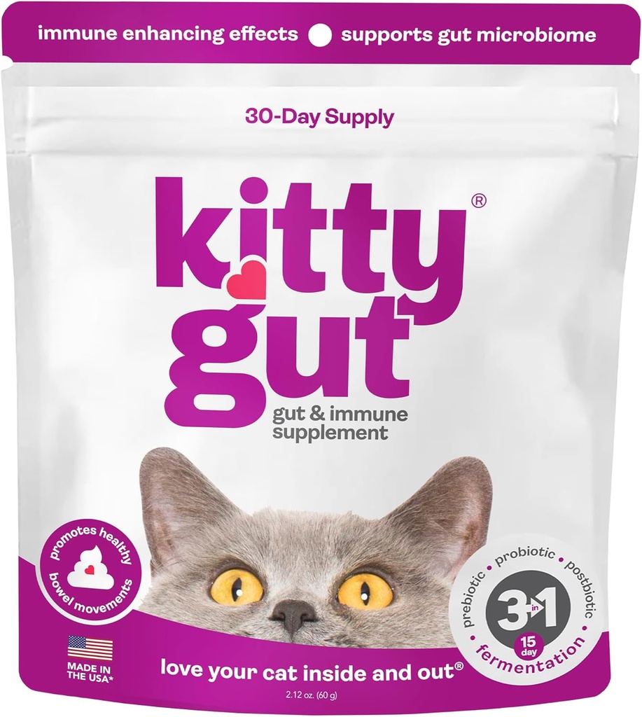 KittyGut 3-in-1 유기 Cat Probiotics & Postbiotic 보충교재 분말- Cats를 위한 미국 프로바이오틱스에서 만드는 Gut 건강과 고양이 소화 지원, Diarrhea 및 Vomiting (60g)를 승진시킵니다