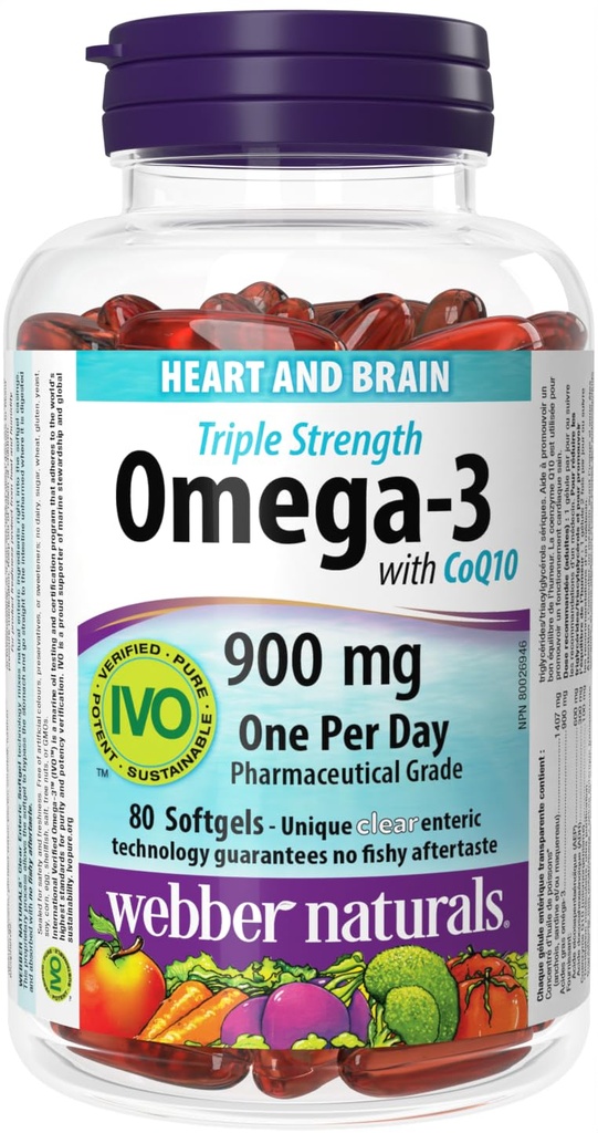 CoQ10를 가진 Webber 자연적인 세 배 힘 Omega-3는 900 mg Omega-3를 입혔습니다 (EPA • DHA)/100 mg CoQ10, 80caps