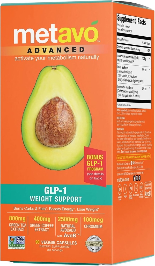 Metavo Advanced Weight Support – 자연적인 다이어트는 Avocado, Green Tea, Chromium & Green Coffee, 90 Easy-to-Swallow Diet 알약과 함께 웰빙을 촉진하기위한 필수 영양소를 보충합니다.