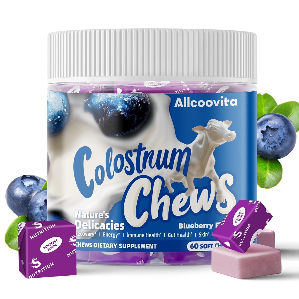 Bovine Colostrum Chews는 Gut Health, Bloating, Immune Support, Skin, Hair growth and Beauty - Blueberry 풍미 (60 인분)에 대한 probiotics와 보충