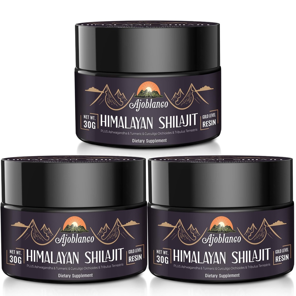 Ajoblanco 600mg 자연적인 Himalayan 유기 Shilajit 수지 - 에너지, 힘 & 면제를 위한 높은 잠재력에 있는 유기 Ayurvedic 혼합을 가진 Himalayan 금 Shilajit 수지, 3의 팩