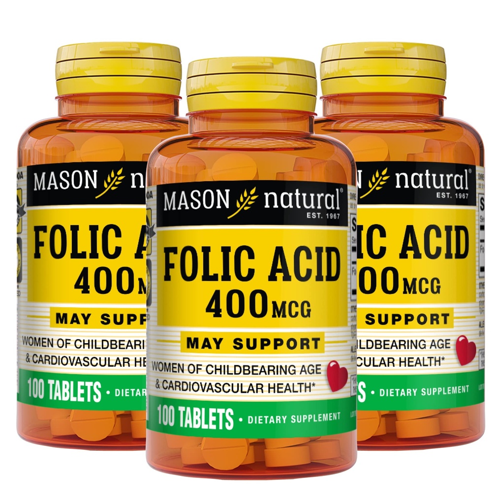 Mason 자연적인 Folic 산 400 mcg, 건강, 계류 및 Prenatal 배려를 위한 매일 보충교재, Childbearing 나이의 여자를 위해, 100개의 정제 (포장 3)
