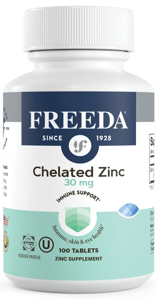Freeda Chelated 아연 30mg - 높은 흡수를위한 TRAACS® 아연 Bisglycinate - Vegan, Kosher, Stomach의 Gentle - 성인, 남성 및 여성을위한 면역 지원 - 100 작은 정제