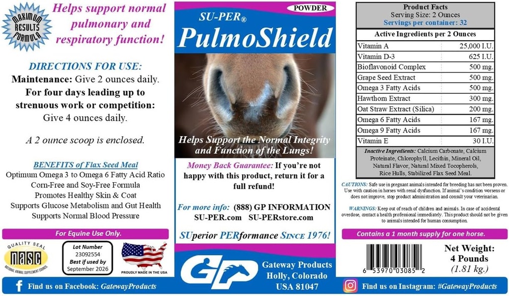SU-PER PulmoShield Horse Respiratory Supplement - 말에 건강한 렁 기능 지원 - 정상 폐 및 호흡 지원 - 말 비타민 및 미네랄 - 4 파운드, (2 팩)