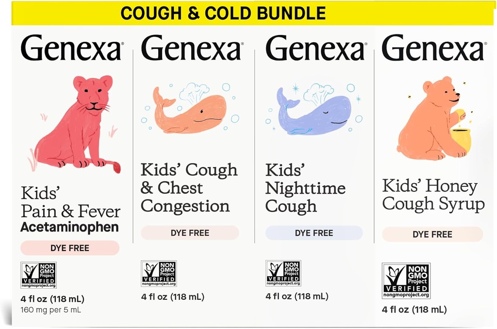 Genexa Kids' Clean Cough Medicine & Honey Cough Syrup, Pain & Fever Reducer Value 4-Pack, 염료 무료, 0% 인공 첨가물, 어린이를위한 기침 치료, Fever & Pain Reliever, 16 fl oz (4 병)