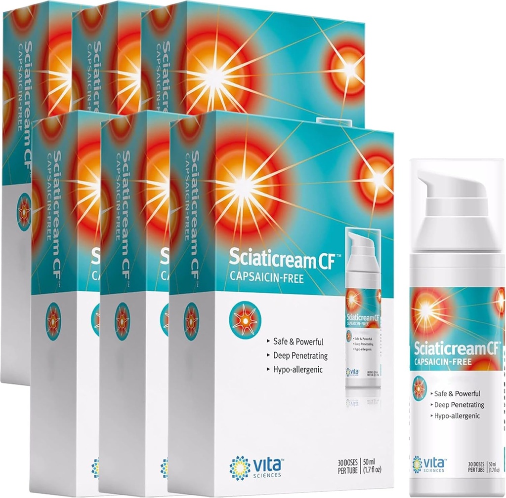 비타 과학 Sciaticream CF : Arnica, B1, B5, B6, MSM, 알로에 및 코코넛 오일베이스와 Sciatic Nerve에 대한 급속 소결 크림. Capsaicin-FREE. 빠른 행동 수식 - 팩 6