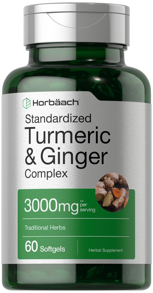Horbäach Turmeric and Ginger Supplement 3000 mg | 60 Softgel 캡슐 | 검은 후추 추출물이있는 Turmeric Curcumin Complex | Non-GMO, 글루텐 무료
