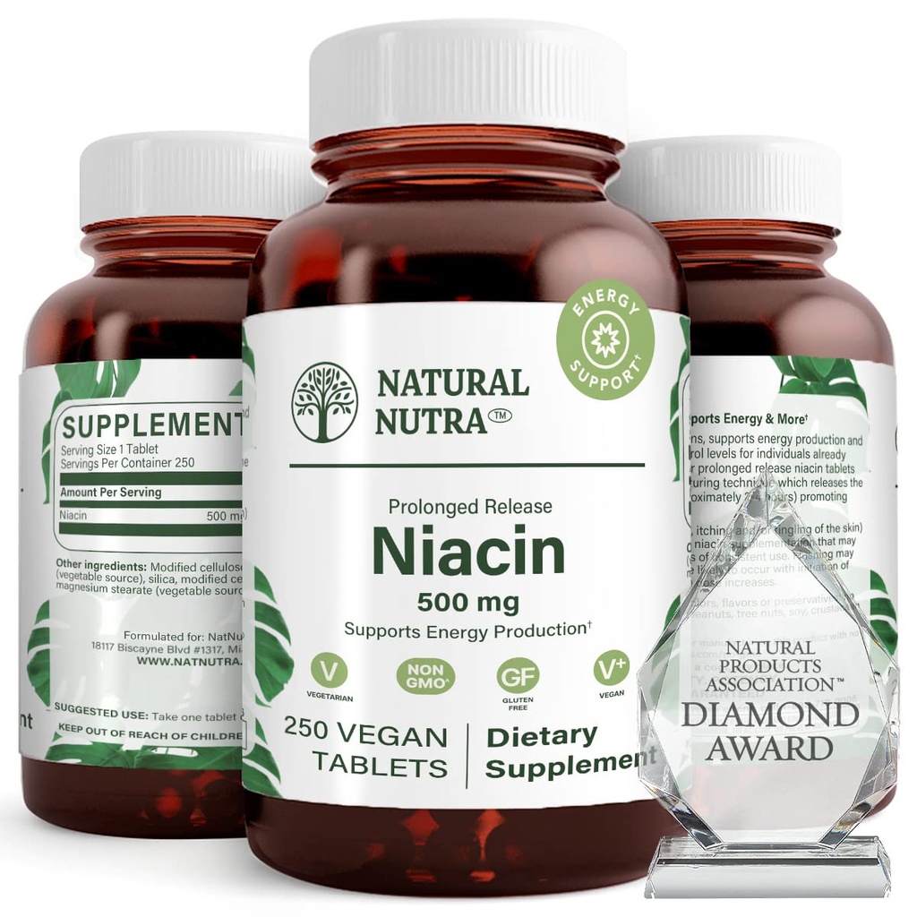 자연적인 Nutra 시간 방출 느린 Niacin 500mg (비타민 B3), 지원 건강한 콜레스테롤은, 심장 혈관 건강을 승진시키고, 피부 세포를 승진시키고 Cognitive 기능을 개량합니다, 250 Vegan 정제