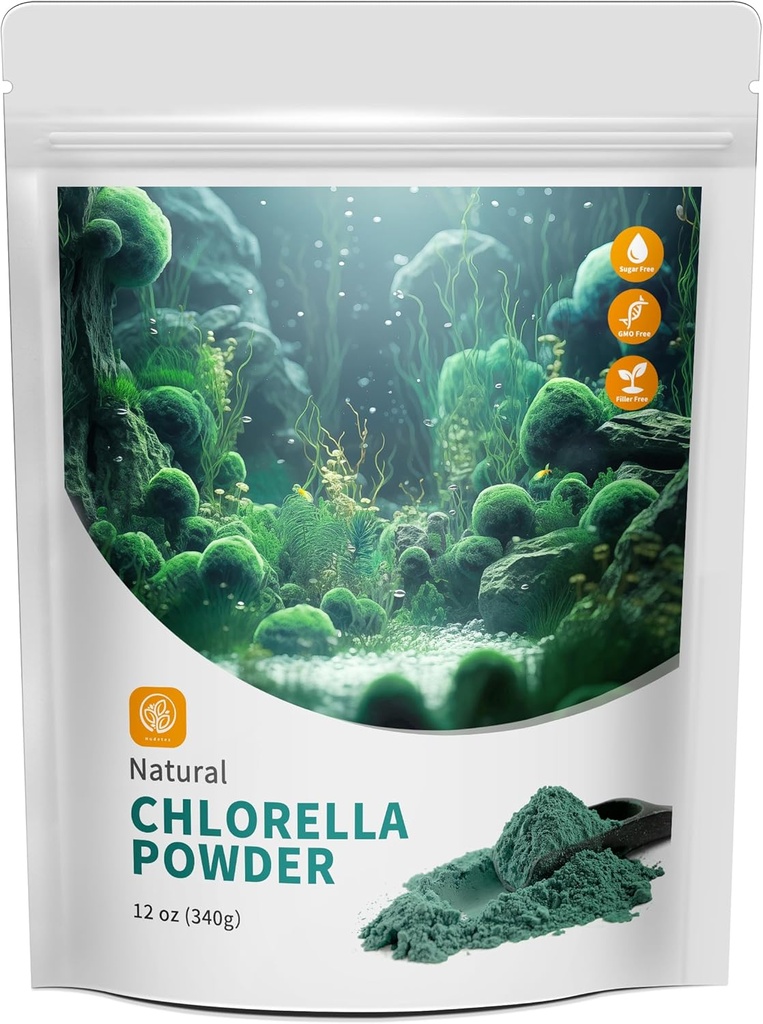 Chlorella Powder Natural with 12 oz - Chlorophyll Powder, Immune System & Liver Function 지원, 젊음 유지, Vegan, Vegan Protein 및 비타민 풍부.