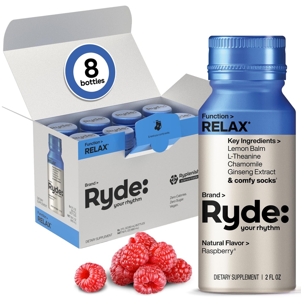 Ryde : Relax Shot | 라즈베리 맛 | 레몬 발름, L-Theanine, Ginseng & Chamomile | 0 칼로리, 설탕 0 | 2 FL OZ 샷 | Relax* (8 팩)