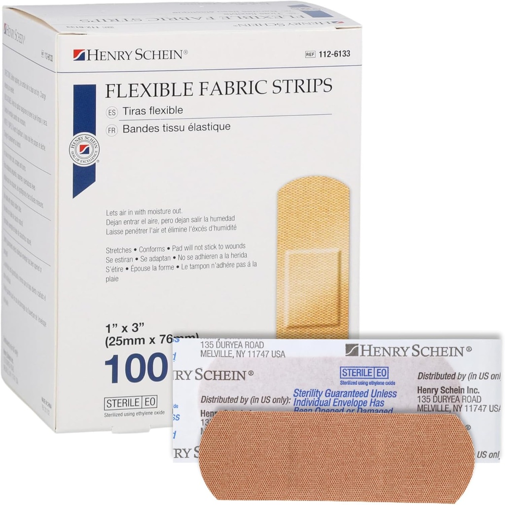 Henry Schein Sterile Adhesive Fabric Bandages, 1" x 3" - 100 Flexible, Breathable Strips의 상자 - 처음 원조, 의료용, 클리닉 및 응급 키트를위한 부드럽고 신축성있는 부상 덮개