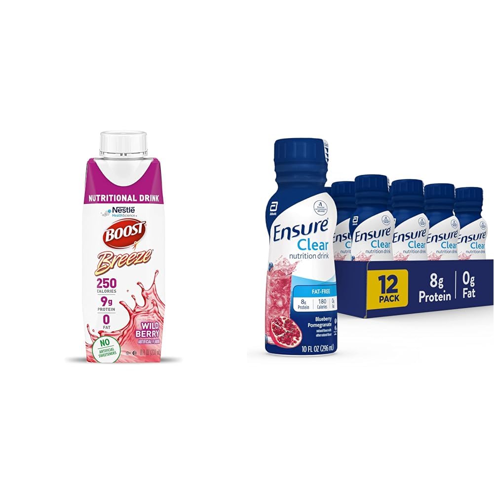BOOST Breeze Clear Nutritional Drink, 9g Protein, 250 Nutrient-Rich Calories, Wild Berry, 8 fl oz & Ensure Liquid Clear Nutrition 음료, 0g 지방, 8g 단백질, Blueberry Pomegranate, 10 Fl Oz