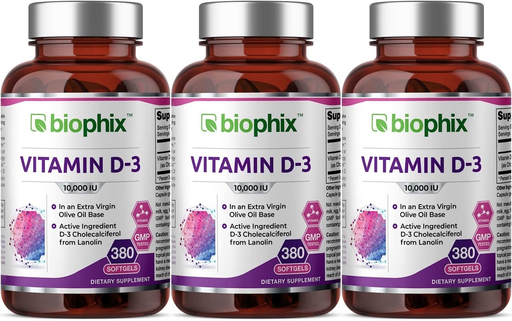 비스듬한 비타민 D-3 10000 IU 380 Softgels 3 팩 - 여분 처녀 올리브 기름 비 GMO Soy 자유로운 지원 강한 뼈 면역력에 있는 높 순수성