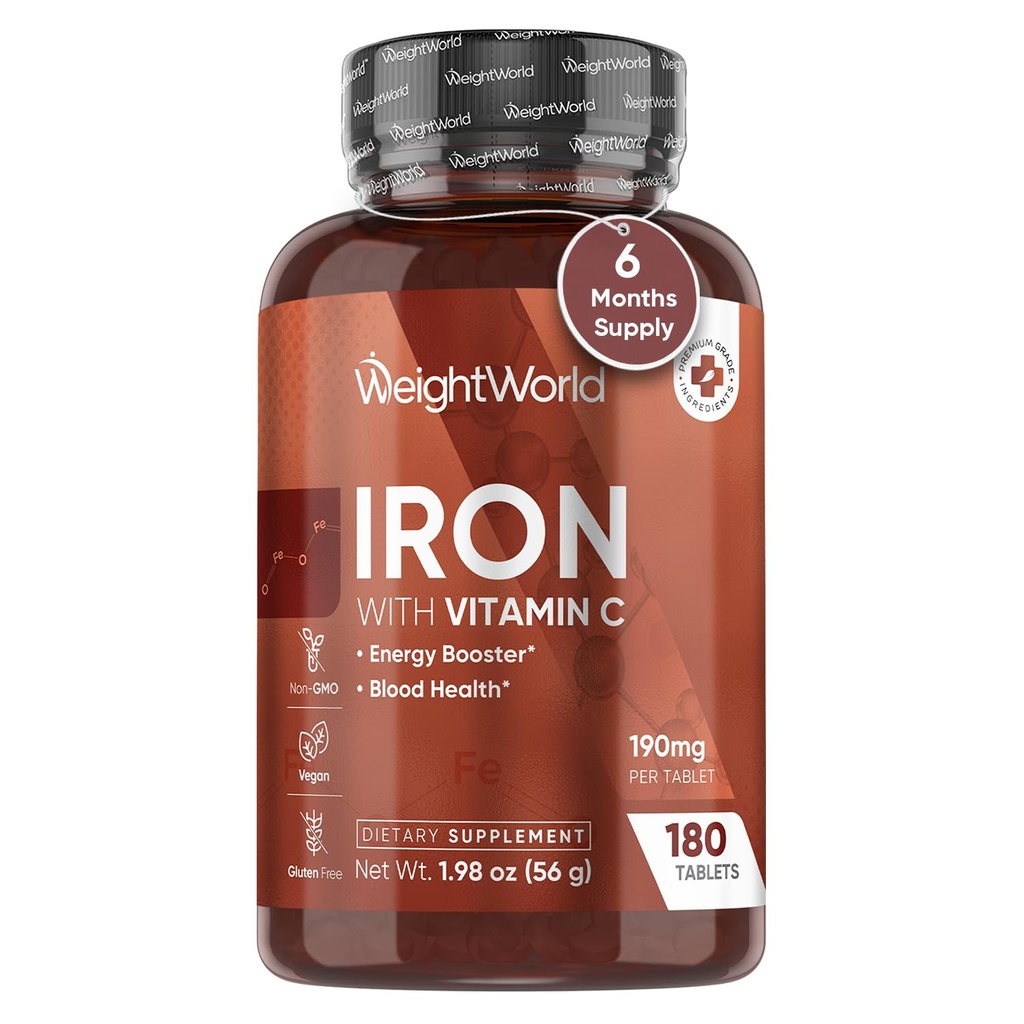 WeightWorld Iron Supplement 65mg - 비타민 C 125mg - 180 Vegan Tablets (6 개월 공급) - 여성 및 남성을위한 Gentle Carbonyl Iron Supplement - 에너지 부스터 및 혈액 Heath - Non-GMO 및 글루텐 - 무료
