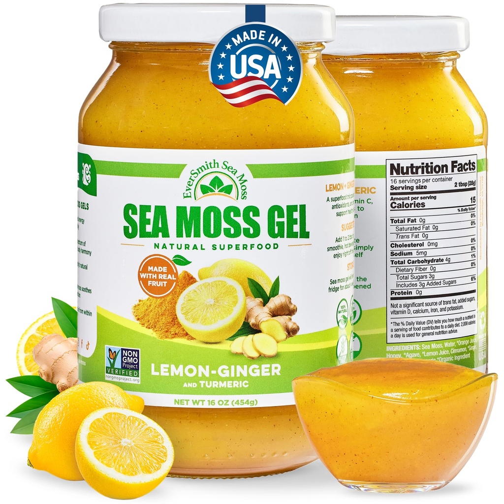 Wildcrafted Irish Sea Moss Gel | 미국에서 제작 | 비타민과 미네랄이 풍부한 | 바다 Moss Gel Raw | 영양 보충 | 레몬 생강 (16 oz)