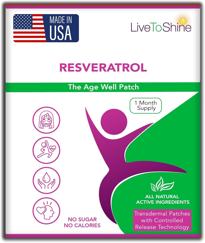 Shine Resveratrol 패치 라이브 - 건강한 노화 및 웰빙을위한 Transdermal Topical Plant 기반 산화 방지제 지원 - 여성과 남성을위한 30 패치 - 미국 제작