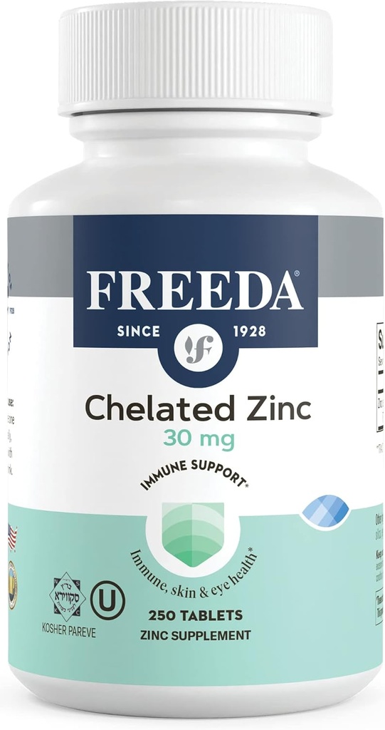 Freeda Chelated 아연 30mg - 높은 흡수를위한 TRAACS® 아연 Bisglycinate - Vegan, Kosher, Stomach의 Gentle - 성인, 남성 및 여성을위한 면역 지원 - 250 작은 정제