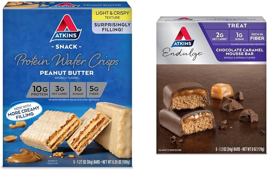 Atkins 땅콩 버터 단백질 웨이퍼 Crisps 5 조사 및 초콜릿 Caramel Mousse Bars 5 카운트 번들