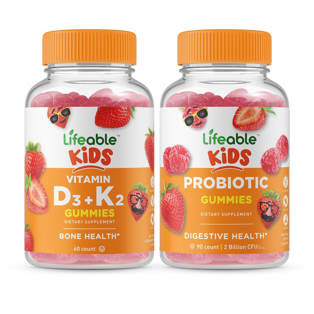 Lifeable 비타민 D3 + 비타민 K2 키즈 + Probiotic 2 억 CFU 키즈, Gummies 번들 - 훌륭한 타스팅, 비타민 보충, 글루텐 무료, GMO 무료, Chewable Gummy