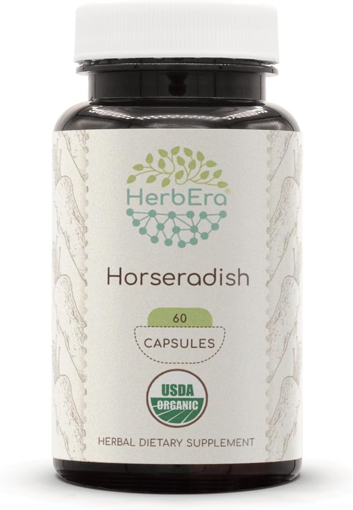 HerbEra Horseradish USDA 유기 60 캡슐 | 천연 초본 보충 | 인증 유기농 채식 캡슐 및 유기 말라기 (Armoracia rusticana) 건조 뿌리 (60 캡슐)