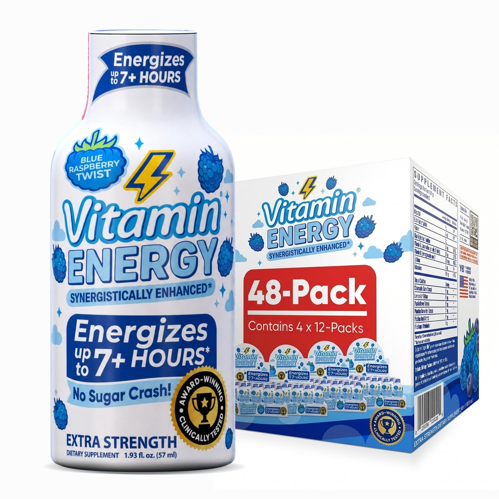 비타민 에너지 Immune+ 여분 힘 에너지 탄 파란 라즈베리 48 팩, 260mg 자연적인 카페인, B 비타민, Citicoline, 녹차, Immunity & 초점 지원, 영 설탕, 글루텐 자유로운 1.93 fl oz