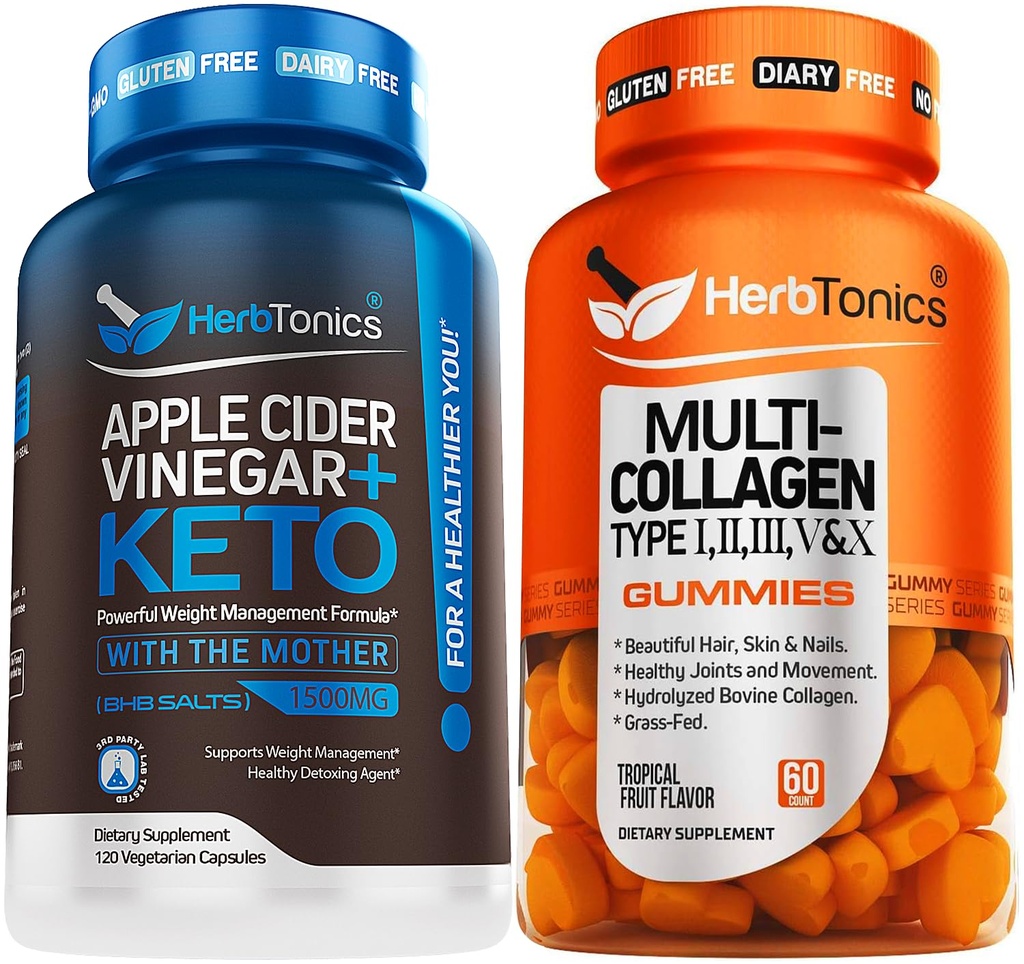 Herbtonics Apple Cider Vinegar 캡슐 플러스 Keto BHB | 여성 및 남성을위한 지방 버너 및 체중 감소 보충 - 멀티 콜라겐 Gummies 유형 1,2,3,5 & 10 헤어 성장, 피부, 손톱을위한 Biotin와 함께