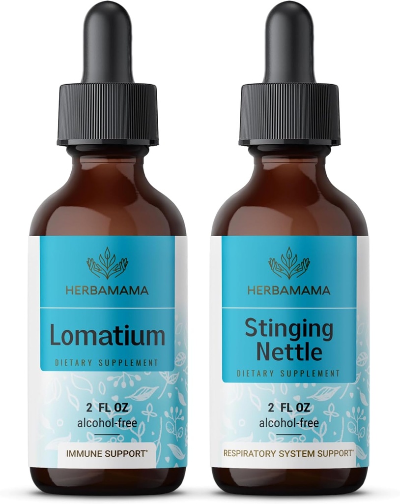 HERBAMAMA 허브 액체 드롭 키트 - Lomatium 뿌리 추출물 및 Stinging Nettle Tincture 2 fl oz의 번들 - Vegan, Non-GMO, Sugar & Alcohol-Free - 2 Pack