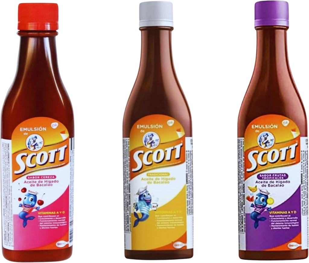 Emulsión de Scott 3 Pack Combo – Cod Liver Oil (전통, 체리, 열대 과일 맛) - 180ml 각각