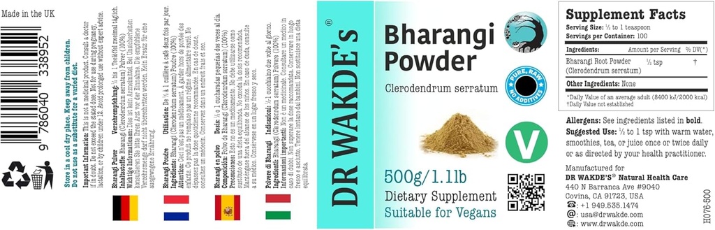 DR WAKDE'S Bharangi Powder (Clerodendrum serratum) - 500g (1.1lb) | 순수하고, 원료 및 건조 분말 | 천연 아로마 및 신선도 | 미세 분말 | Vegan | 프리미엄 그레이 | 아무것도 제거