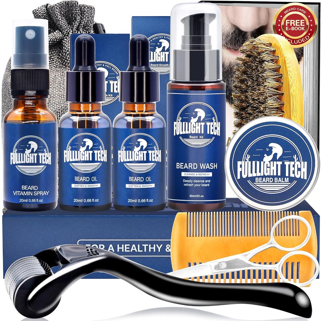 Men-Nourish Soften Grooming Patchy Beard W/Vitamin Spray,Mustache Oil,Balm, Wash,Boar Bristle Brush,Wooden Comb,Scissors,Valentines Fathers Gifts for Men 아빠 남편 Boyfriend