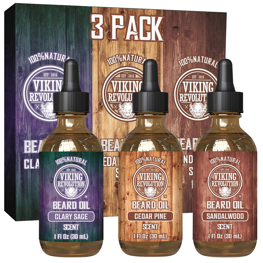 Viking Revolution Beard Oil for Men 3 Pack - Natural Mens Beard Oil Variety Set - 샌들우드, 소나무 및 Cedar, 클레리 Sage Scents - 건강한 Beard (3 팩, 1oz)에 대한 부담 조건 및 습기를 공급