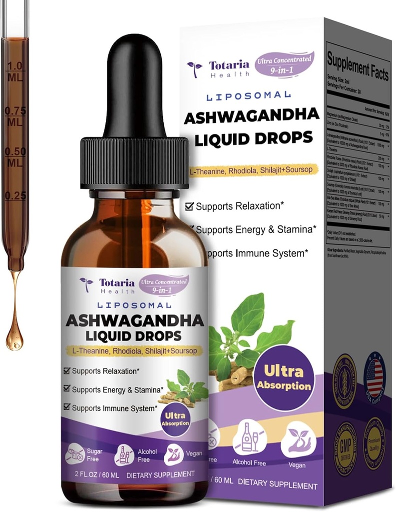 Totaria Liposomal Ashwagandha 액체 하락 w/Shilajit, 마그네슘, Soursop, L-Theanine, 매우 Extact Ashwagandha 뿌리 추출물 | 7% Withanolides | 알콜 자유로운 | 남자 & 여자를 위한 비 GMO |