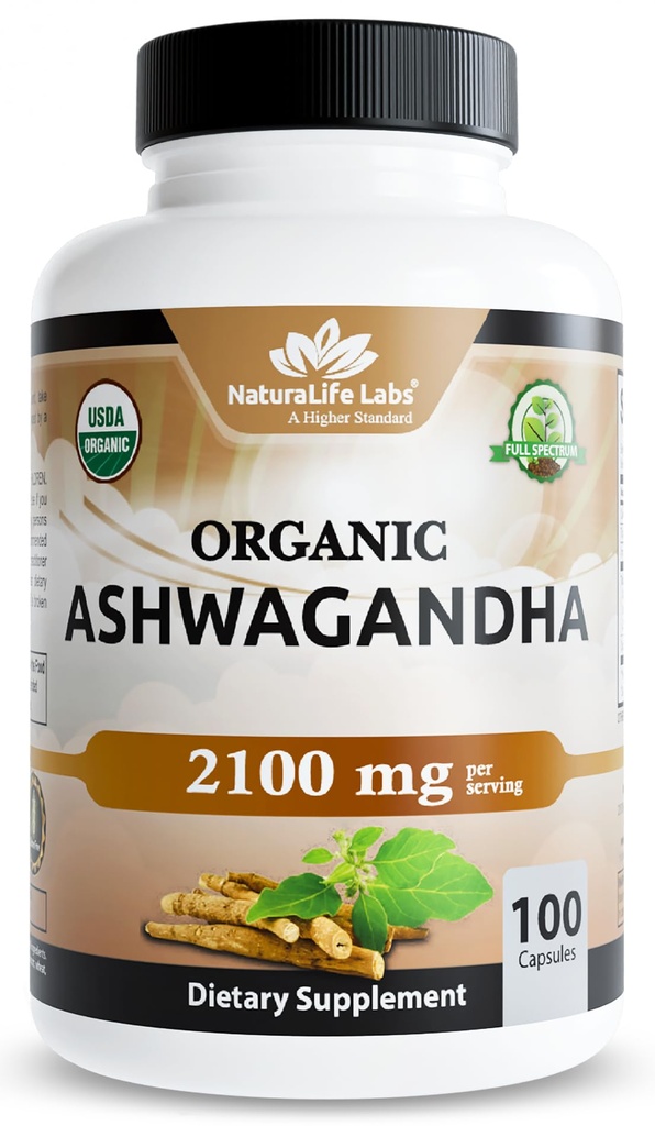 NaturaLife Labs 유기 Ashwagandha 2100 mg 서빙 – 루트 분말 & 추출 – 100 캡슐 – Vegan, 비 GMO, 글루텐-무료