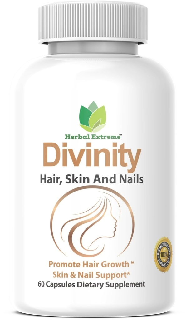 Divinity 머리, 피부 및 못 60의 캡슐 5000 mcg Biotin P 아미노 벤조산, 말 꼬리 추출물, Fo-Ti, 대나무 추출물, 스팅 Nettle, 중국 Peony, Spirulina, 톱 palmetto