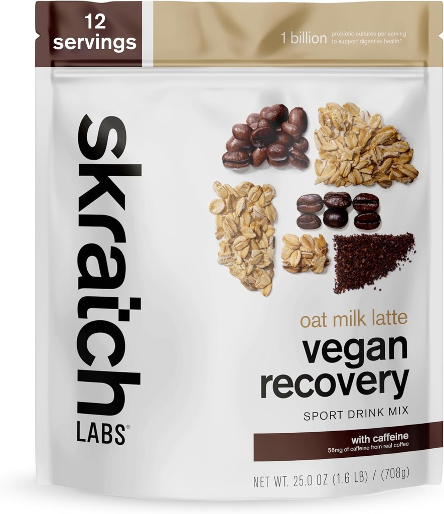 Skratch Labs Recovery Drink Mix - Oat Milk Latte - Post Workout Powder - Complete Plant Protein and Probiotics - 커피에서 카페인 56mg - 12 서빙 - 글루텐 무료, 고셔, 비 GMO