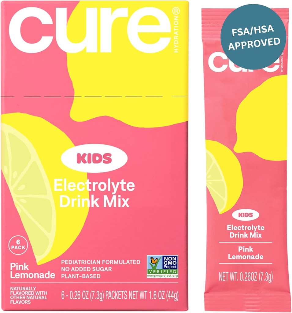 Cure Hydration Kids Electrolyte 음료 믹스 | 플랜트 기반 소아과 공식화 재수 | 추가 설탕 없음, FSA-HSA, Non-GMO, 글루텐 프리, 인공 향료 없음 | 박스 6 패킷 - 핑크 레몬