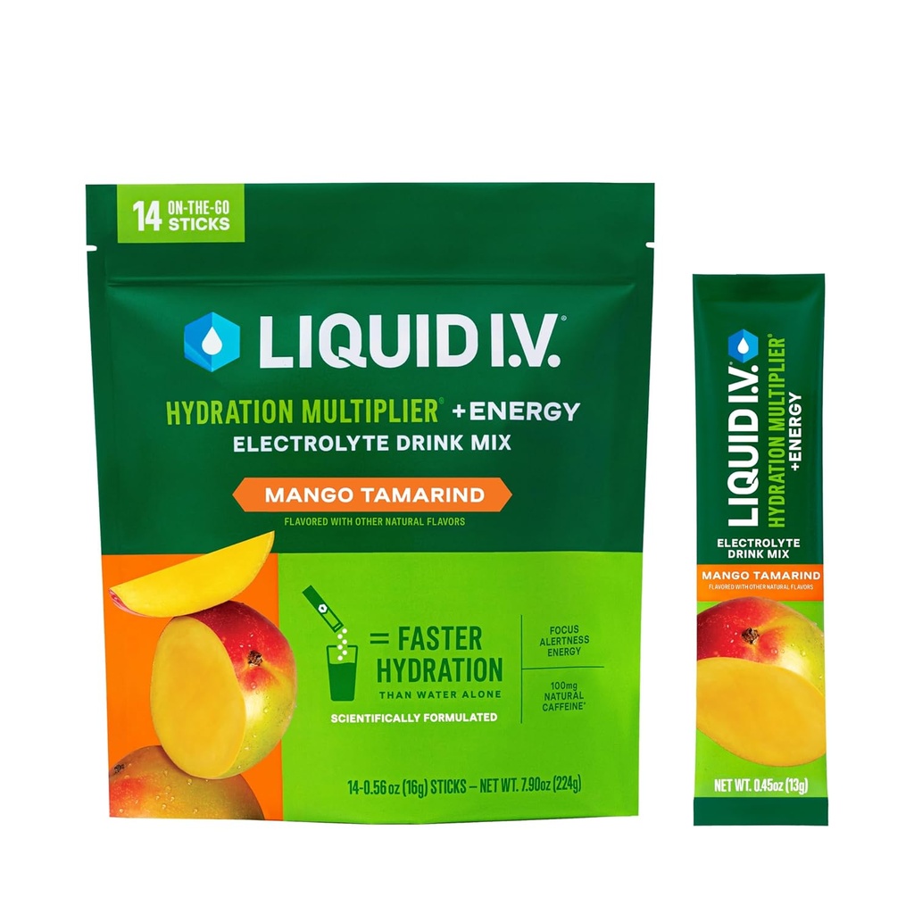 액체 I.V.® Hydration Multiplier® +Energy - Mango Tamarind - Hydration Powder Packets | Electrolyte Powder Drink Mix | 편리한 Single-Serving Stick | Non-GMO | 14 서빙 (12장)