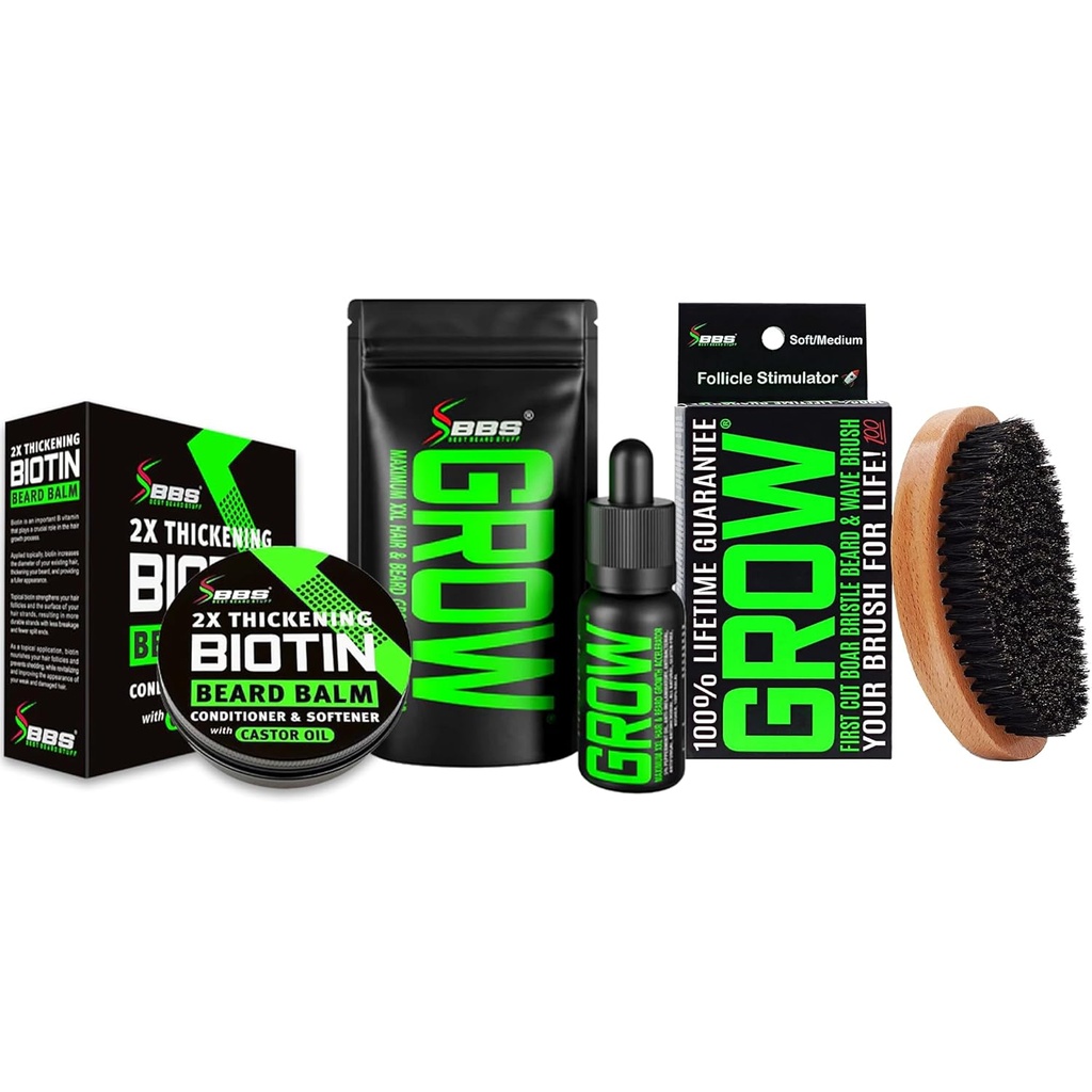 남자를 위한 얼굴 머리 성장을 위한 Beard 성장 장비 w/GROW XXL Beard 기름/Serum + 100% 일생 보충 Boar Bristle 솔 + 2X 두껍게 하는 Biotin Mustache 왁스 & 발기 - 미국에서 공식화하는