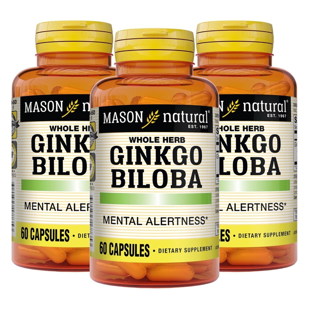 MASON NATURAL Ginkgo Biloba, 3 개월 공급, Mental Alertness & Support Optimal Brain Function, 60 캡슐 (3 팩)을 개선하는 데 도움이