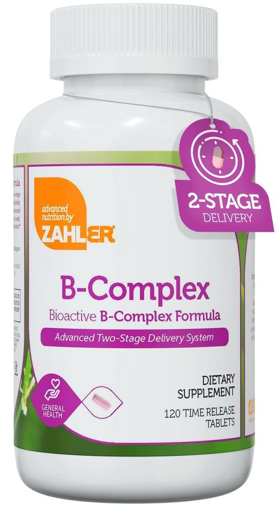 여성 및 남성을위한 Zahler B-Complex 비타민 - 비타민 B 복합체 - B1 B2 B3 B5 B6 B7 B9 B12 - 고급 2 단계 배달 시스템 - 글루텐 무료 고셔 비 GMO VIT B (120 정제)