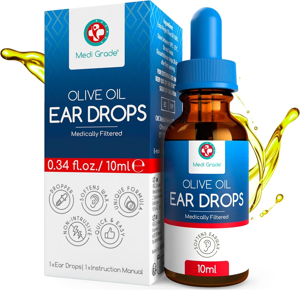 왁 스 제거 및 차단 된 귀, 10ml에 대 한 Medi Grade Olive Oil Ear Dropper Softens와 100 % 천연 귀 왁스 제거 드롭 및 경화된 Earwax Buildup 제거 - 고급 귀 왁스 드롭