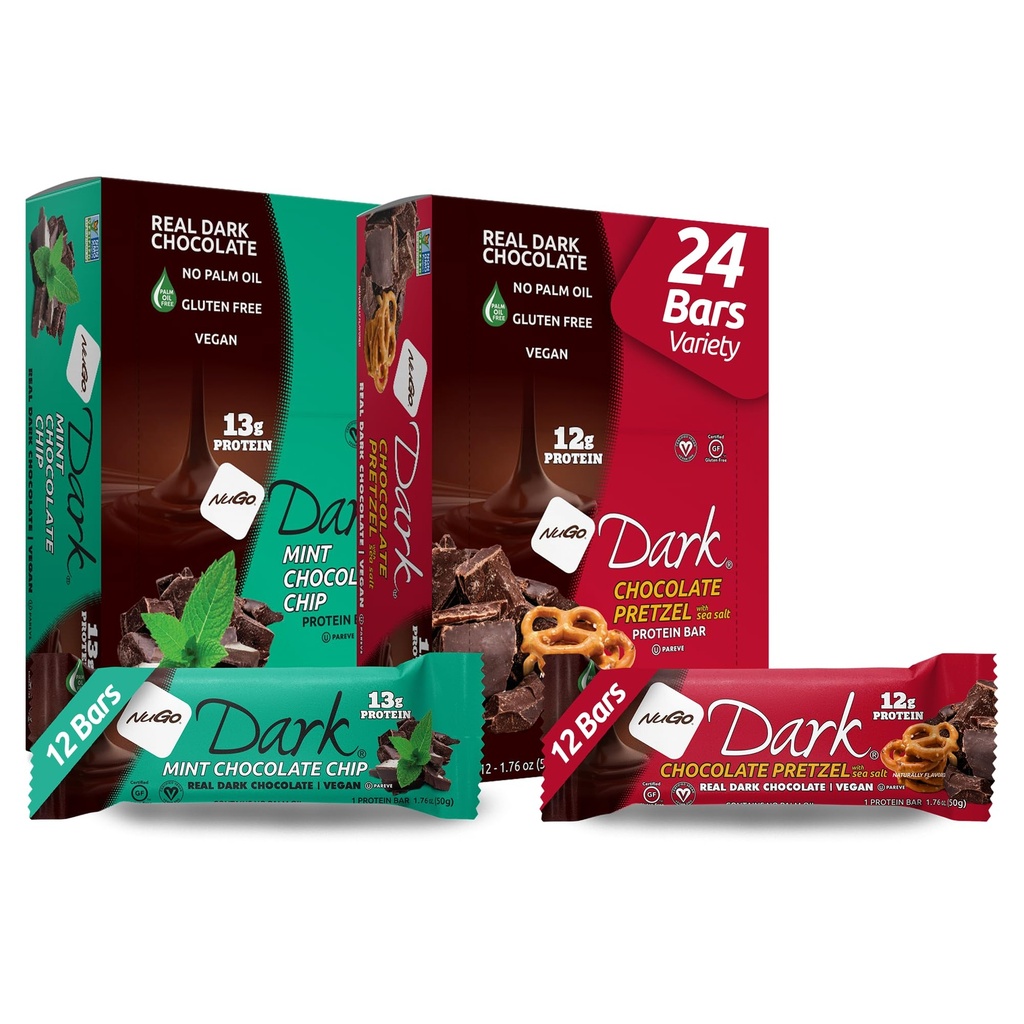NuGo Dark Variety - 초콜릿 Pretzel 12 Bar & Mint Chocolate Chip 12 Bar, 12-13g Protein, Vegan, Gluten Free, Non-GMO, Kosher Pareve, 24 카운트